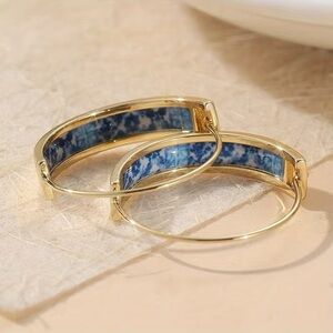 Bold Gold tone Hoop Earrings with Blue resin inlay